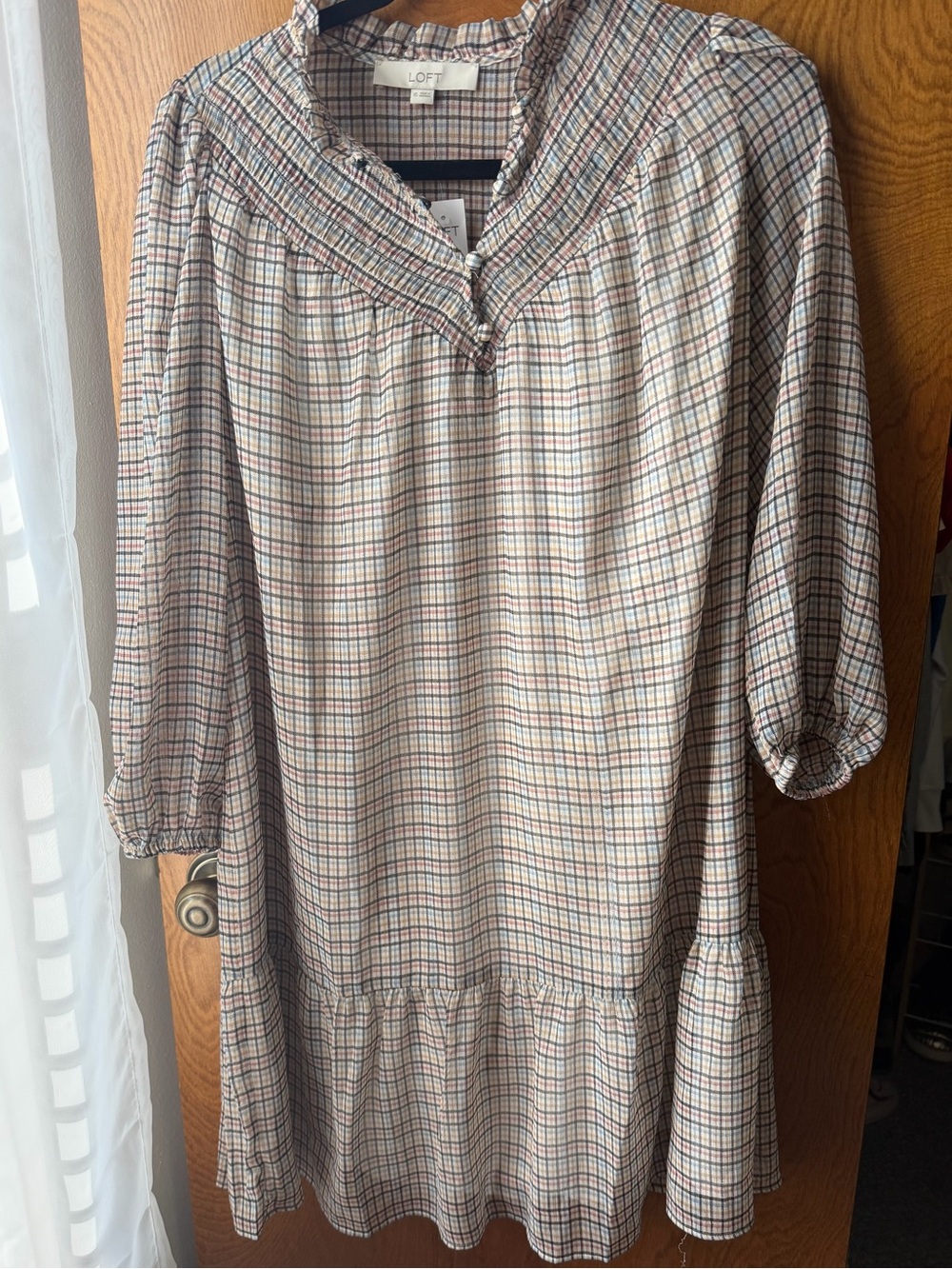 LOFT Beige Plaid Smocked Yoke Dress with Balloon Sleeves